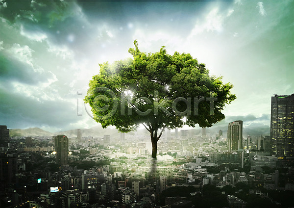 사람없음 PSD 편집이미지 구름(자연) 그린캠페인 나무 도시 도심 빌딩 자연보호 편집 하늘 햇빛 환경