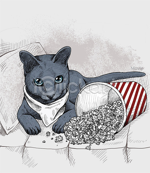 귀여움 즐거움 활발 사람없음 PSD 일러스트 고양이 러시안블루 반려동물 스케치 영화감상 취미 쿠션 팝콘