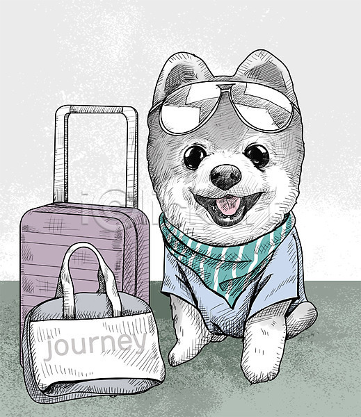 귀여움 즐거움 활발 사람없음 PSD 일러스트 가방 강아지 반려동물 선글라스 스케치 여행 취미 캐리어 포메라니안