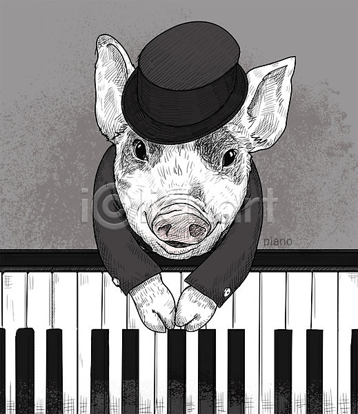 귀여움 즐거움 활발 사람없음 PSD 일러스트 건반 건반악기 돼지 모자(잡화) 미니피그 스케치 악기 취미 피아노(악기) 피아노건반
