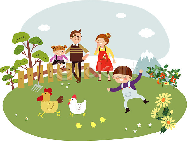 남자 성인 어린이 여러명 여자 AI(파일형식) 일러스트 가족 갈퀴 구름(자연) 꽃 나무 농장체험 닭 방울토마토 병아리 산 야외 울타리 주간 주말농장 채소 채소밭
