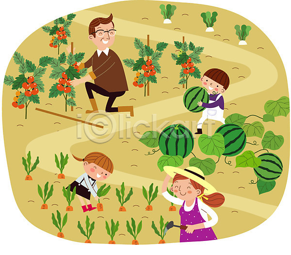 남자 성인 어린이 여러명 여자 AI(파일형식) 일러스트 가족 괭이 농장체험 당근 모자(잡화) 무 수박 야외 주간 주말농장 채소 채소밭 토마토 토마토밭