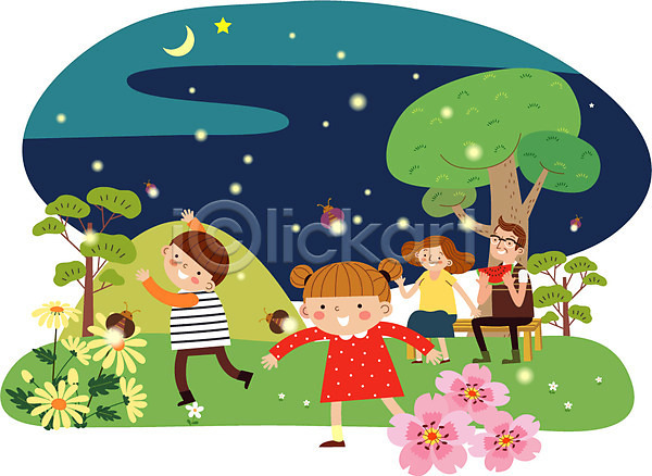 남자 성인 어린이 여러명 여자 AI(파일형식) 일러스트 가족 꽃 나무 농장체험 달 반딧불 벤치 별 산 수박 야간 야외 주말농장