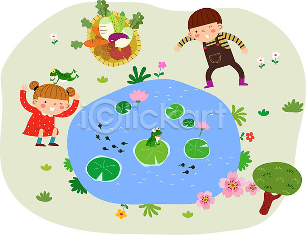 남자 두명 어린이 여자 AI(파일형식) 일러스트 가족 가지 감자 개구리 고구마 꽃 나무 농장체험 당근 무 바구니 야외 연못 연잎 오이 올챙이 주간 주말농장 채소