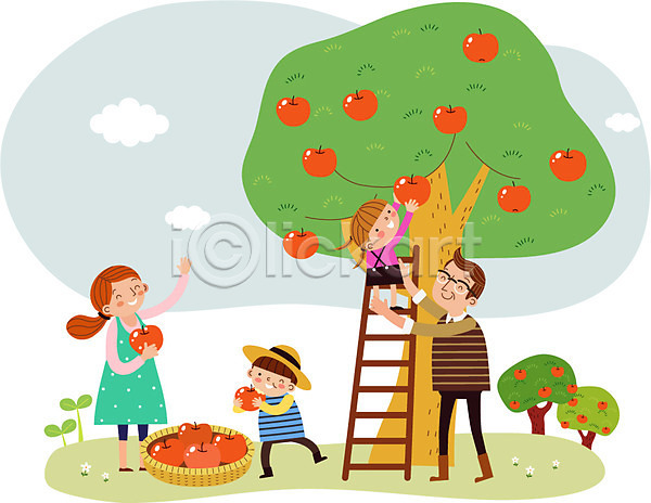 남자 성인 어린이 여러명 여자 AI(파일형식) 일러스트 가족 구름(자연) 농장체험 바구니 사과 사과나무 사과따기 사다리 새싹 수확 야외 주간 주말농장