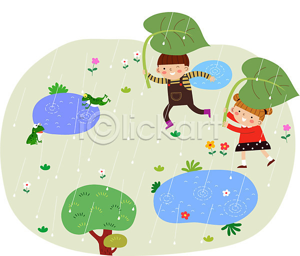 남자 두명 어린이 여자 AI(파일형식) 일러스트 가족 개구리 꽃 나무 농장체험 비 야외 잎 주간 주말농장