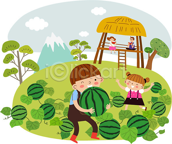 남자 성인 어린이 여러명 여자 AI(파일형식) 일러스트 가족 구름(자연) 나무 농장체험 산 수박 수박밭 야외 오두막 주간 주말농장