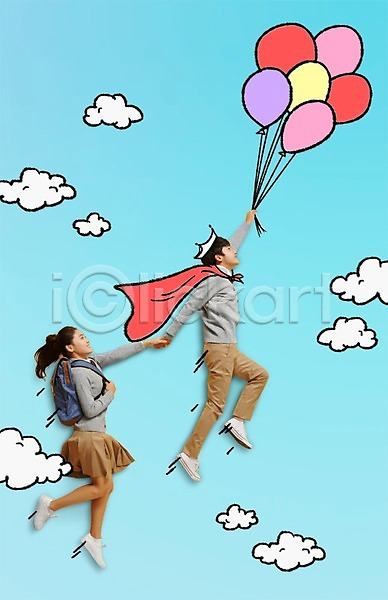 남자 두명 여자 중학생 청소년 한국인 PSD 편집이미지 포토일러 교복 교육 구름(자연) 망토 책가방 편집 풍선 학생 합성