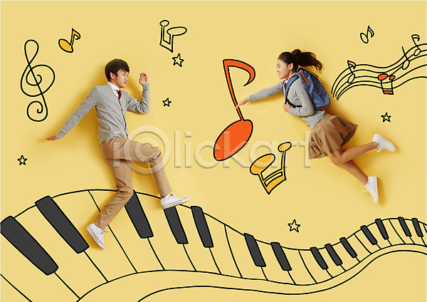 남자 두명 여자 중학생 청소년 한국인 AI(파일형식) 편집이미지 포토일러 건반 건반악기 교복 교육 높은음자리표 별 악기 오선지 음표 편집 피아노건반 학생 합성