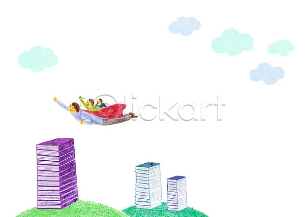 남자 성인 세명 어린이 PSD 일러스트 구름(자연) 망토 비행 빌딩 빨간망토 슈퍼맨포즈 자식 학부모