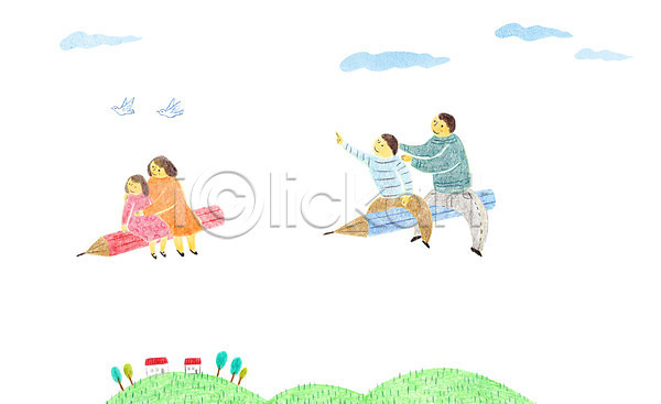 남자 성인 어린이 여러명 여자 PSD 일러스트 구름(자연) 나무 동산 비행 연필 자식 조류 주택 학부모