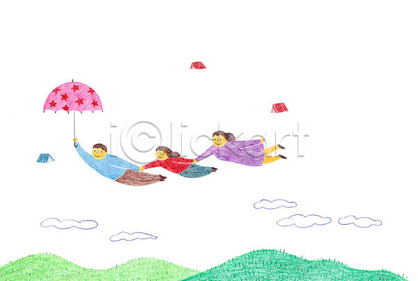 남자 성인 어린이 여자 PSD 일러스트 구름(자연) 동산 비행 손잡기 우산 자식 책 학부모