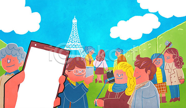 남자 성인 여러명 여자 PSD 일러스트 1인칭시점 거리 구름(자연) 셀카봉 셀프카메라 스마트폰 야외 에펠탑 여행객 주간 해외여행