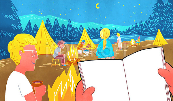 남자 성인 여러명 여자 PSD 일러스트 1인칭시점 공책 나무 달 독서 모닥불 산 야간 야외 캠핑 캠핑장 텐트