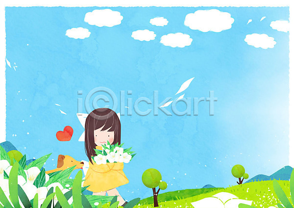 산책 어린이 여자 한명 PSD 일러스트 프레임일러스트 강아지 구름(자연) 꽃 나무 산 하트