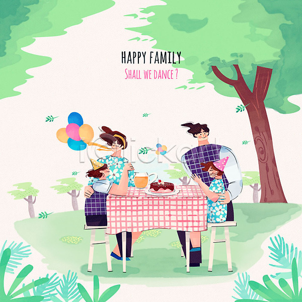 행복 화목 남자 성인 어린이 여러명 여자 PSD 일러스트 가족 고깔(모자) 나무 생일상 생일파티 수채화(물감) 의자 케이크 탁자 풀잎 풍선