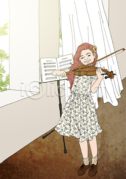 체험학습 어린이 여자 한명 PSD 일러스트 바이올린 바이올린활 보면대 실내 아트툰 악보 연주 창가 커튼