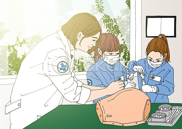 체험학습 성인 세명 어린이 여자 PSD 일러스트 간호사 마스크 실내 아트툰 의료기기 의사 의사가운 주사기 창문