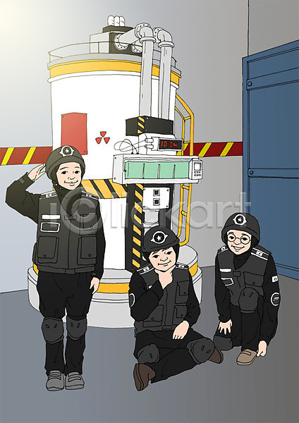 체험학습 남자 세명 어린이 여자 PSD 일러스트 기계 실내 아트툰 특수부대 특수부대원