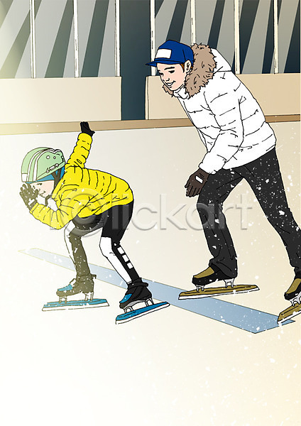 체험학습 남자 두명 성인 어린이 PSD 일러스트 스케이트 스케이트장 스피드스케이팅 실내 아트툰 헬멧