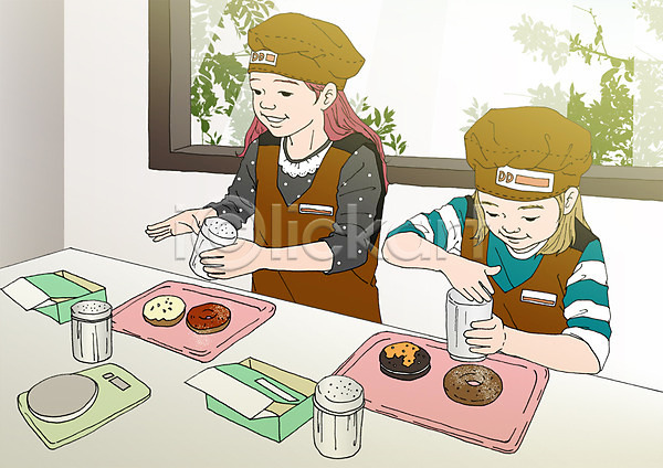 체험학습 두명 어린이 여자 PSD 일러스트 도넛 실내 아트툰 쟁반 제빵 제빵기구 제빵도구 창문