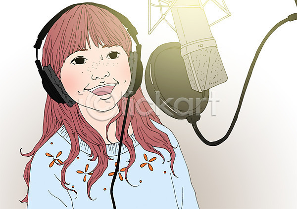 체험학습 어린이 여자 한명 PSD 일러스트 가수 노래 녹음기 실내 아트툰 헤드셋