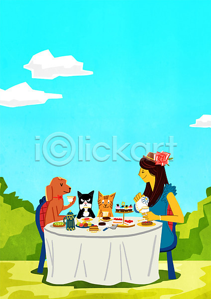 티타임 성인 여자 한명 PSD 일러스트 강아지 고양이 구름(자연) 반려 반려동물 야외 의자 주간 주전자 찻잔 케이크 탁자 티파티