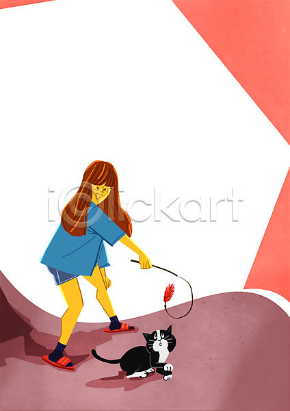 성인 여자 한명 PSD 일러스트 고양이 놀이 반려 반려동물 장난감