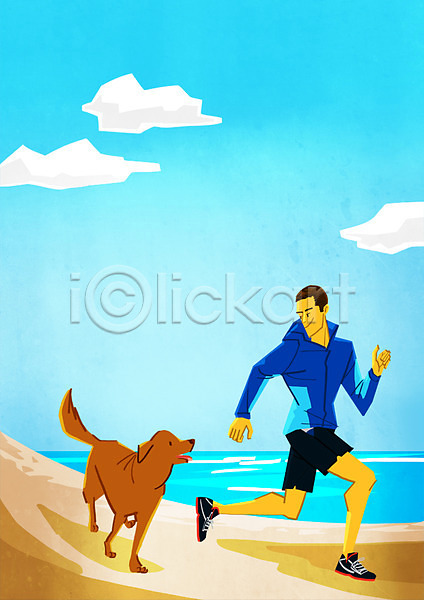 산책 남자 성인 한명 PSD 일러스트 강아지 구름(자연) 달리기 반려 반려동물 야외 주간 해변