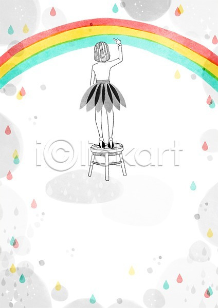 감성 소녀(어린이) 어린이 여자 한명 PSD 뒷모습 일러스트 프레임일러스트 무지개 백그라운드 빗방울 의자 파스텔