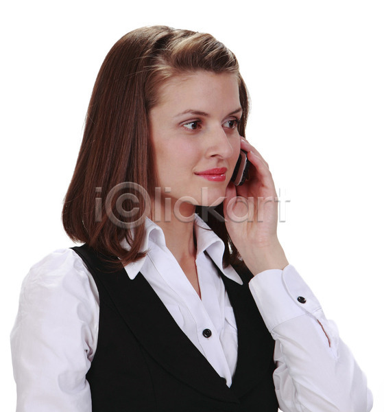 백인 사람 성인 여자 한명 JPG 포토 해외이미지 갈색 고립 듣기 무선전화기 미소(표정) 비즈니스 비즈니스우먼 사업가 세포 얼굴 연결 전자제품 전화기 토론 통신 표현 해외202004 핸드폰