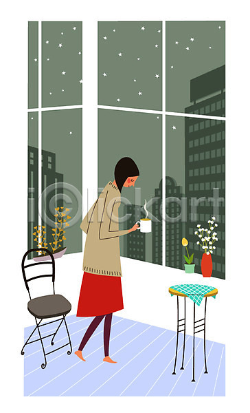 성인 여자 한명 AI(파일형식) 일러스트 꽃병 안식처 의자 창가 창문 커피잔 혼자