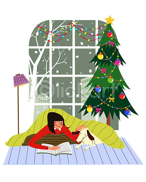 성인 여자 한명 AI(파일형식) 일러스트 강아지 겨울 눈(날씨) 독서 반려 베개 실내 엎드리기 이불 책 크리스마스트리 혼자