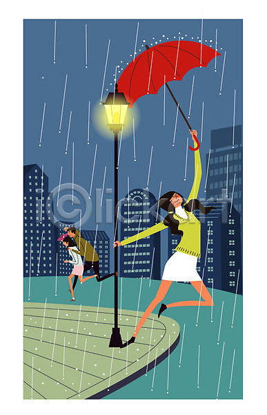 즐거움 남자 성인 세명 여자 AI(파일형식) 일러스트 가로등 비 야간 야외 우산 점프 혼자