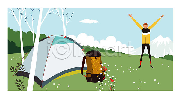 남자 성인 한명 AI(파일형식) 일러스트 등산 만세 배낭 산 안식처 야외 여행 주간 캠핑 텐트 혼자