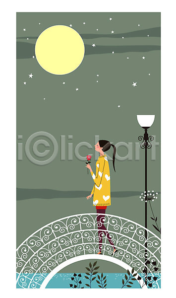 산책 성인 여자 한명 AI(파일형식) 일러스트 가로등 꽃 다리 보름달 안식처 야간 야외 혼자