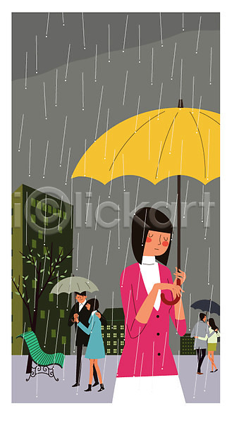 남자 성인 여러명 여자 AI(파일형식) 일러스트 벤치 비 야외 우산 커플 혼자