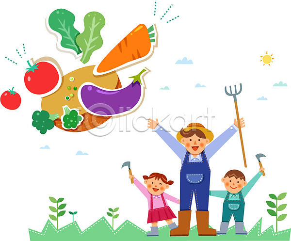 남자 성인 세명 어린이 여자 AI(파일형식) 일러스트 가지 농기구 농부 당근 유기농 채소 토마토