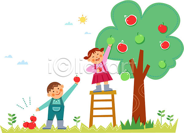 남자 성인 어린이 여자 AI(파일형식) 일러스트 과일 농부 사과나무 수확 유기농