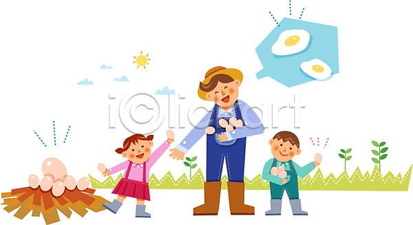 남자 성인 세명 어린이 여자 AI(파일형식) 일러스트 계란 계란프라이 농부 유기농