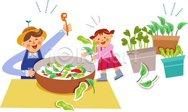 남자 두명 성인 어린이 여자 AI(파일형식) 일러스트 농부 비빔밥 새싹채소 샐러드 숟가락 유기농 채소 화분