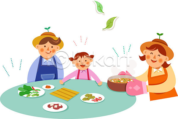 남자 성인 세명 어린이 여자 AI(파일형식) 일러스트 농부 된장찌개 유기농 음식 찌개 채소 탁자