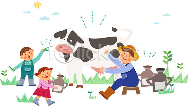 남자 성인 세명 어린이 여자 AI(파일형식) 일러스트 농부 우유 우유통 유기농 젖소