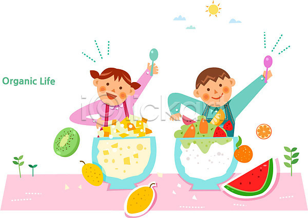 남자 두명 어린이 여자 AI(파일형식) 일러스트 과일 과일빙수 레몬 빙수 수박 숟가락 여름음식 유기농 제철과일 제철음식 키위