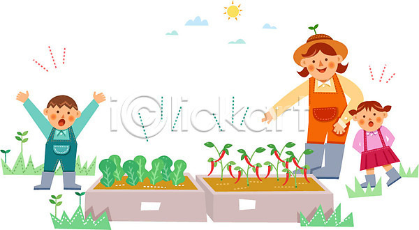 남자 성인 세명 어린이 여자 AI(파일형식) 일러스트 고추 농부 상추 유기농 채소