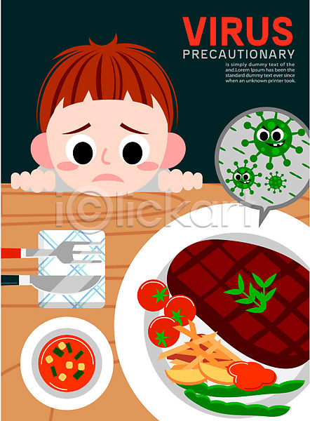남자 어린이 한명 AI(파일형식) 일러스트 건강관리 공익캠페인 나이프 바이러스 방울토마토 스테이크 예방 포스터 포크
