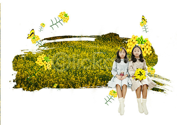 두명 소녀(어린이) 어린이 한국인 PSD 편집이미지 꽃밭 나비 앉기 자매 전신 편집