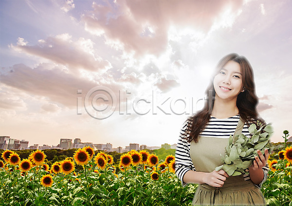20대 성인 여자 한국인 한명 PSD 편집이미지 구름(자연) 빌딩 상반신 웃음 편집 하늘 해바라기