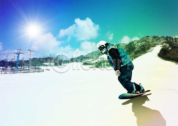 20대 남자 성인 한명 PSD 편집이미지 고글 구름(자연) 눈(날씨) 산 스노보드복 스노우보드 스키리프트 스키장 운동 운동복 전신 편집 하늘 헬멧
