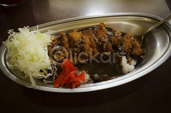 사람없음 JPG 포토 돈가스 돈가스덮밥 밥 소스(음식) 숟가락 양배추 음식 일본문화 일본음식 접시